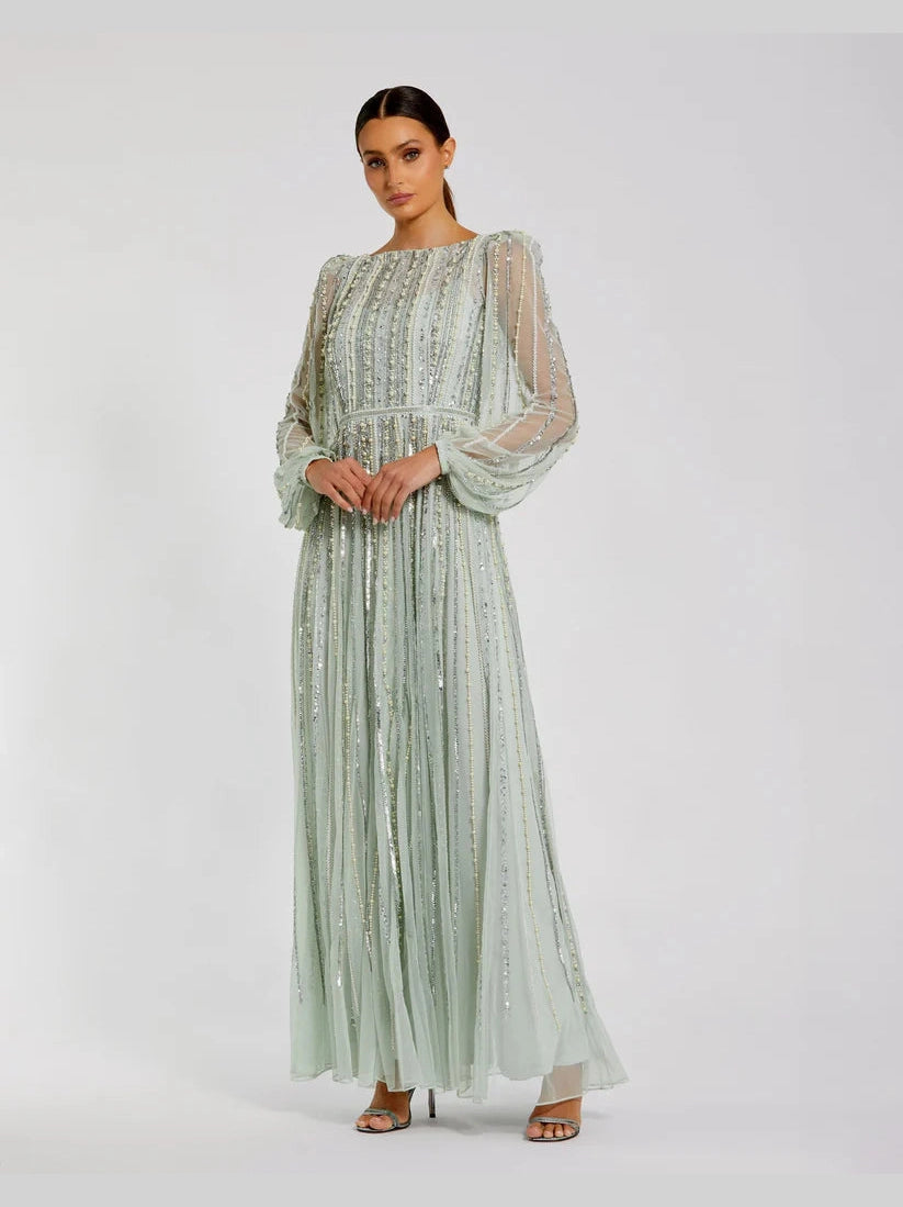 Boat Neck Long Sleeve Gown With Striped Beading