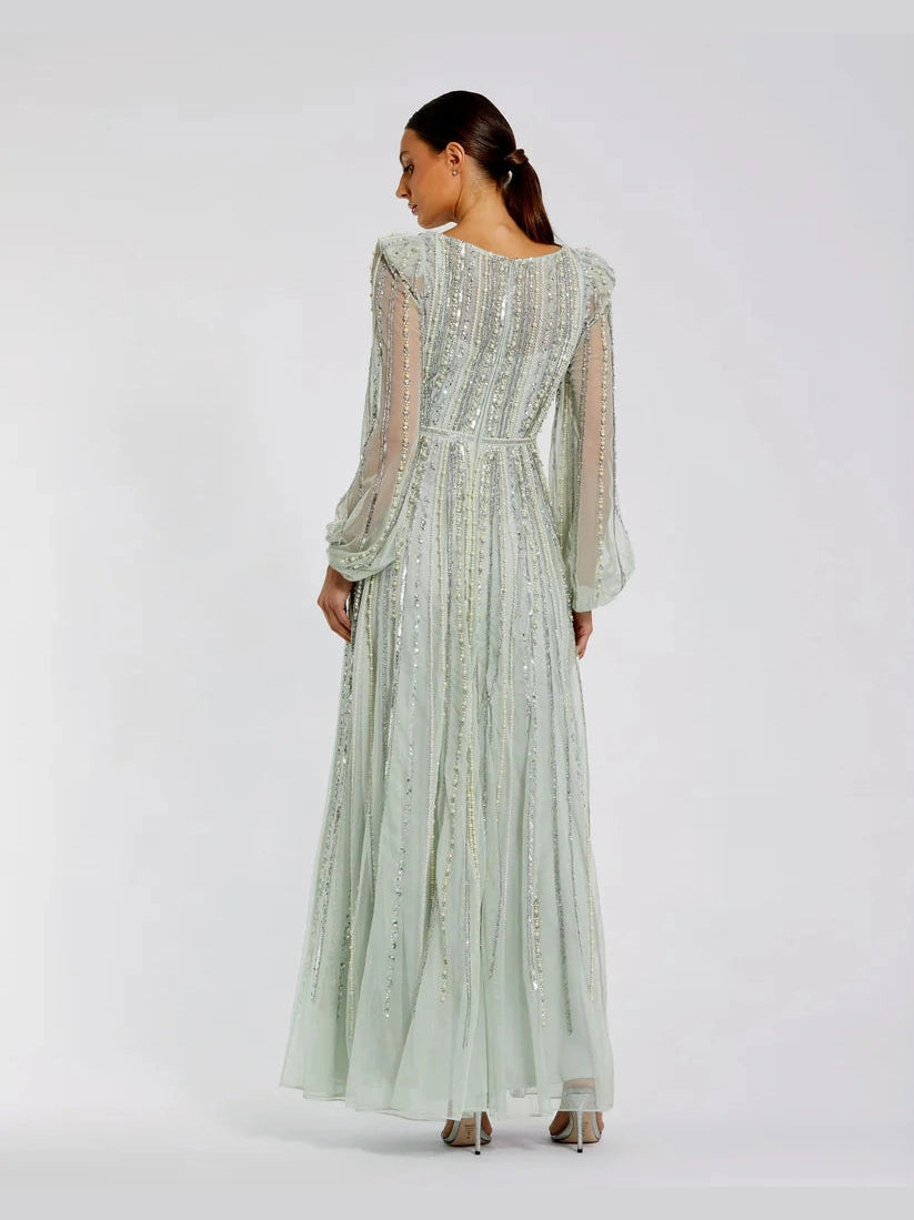 Boat Neck Long Sleeve Gown With Striped Beading