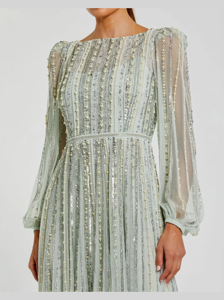 Boat Neck Long Sleeve Gown With Striped Beading