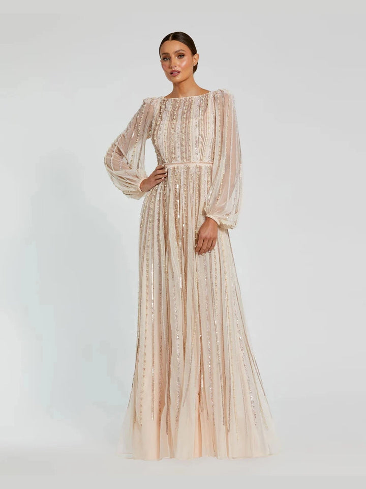 Boat Neck Long Sleeve Gown With Striped Beading