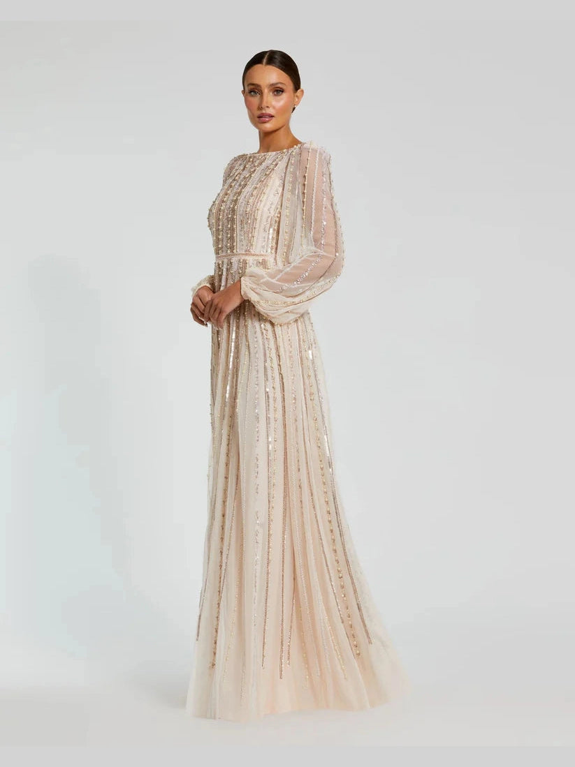 Boat Neck Long Sleeve Gown With Striped Beading