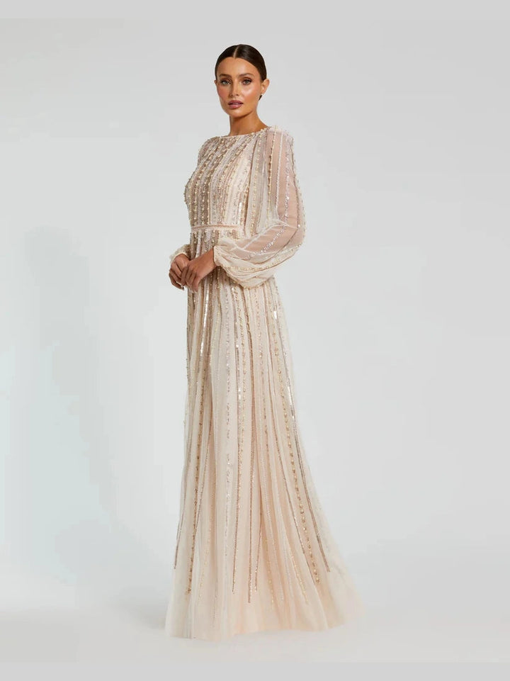 Boat Neck Long Sleeve Gown With Striped Beading