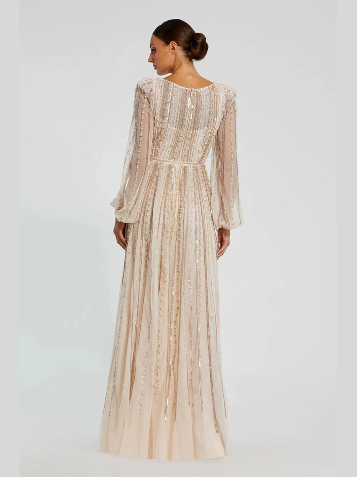 Boat Neck Long Sleeve Gown With Striped Beading