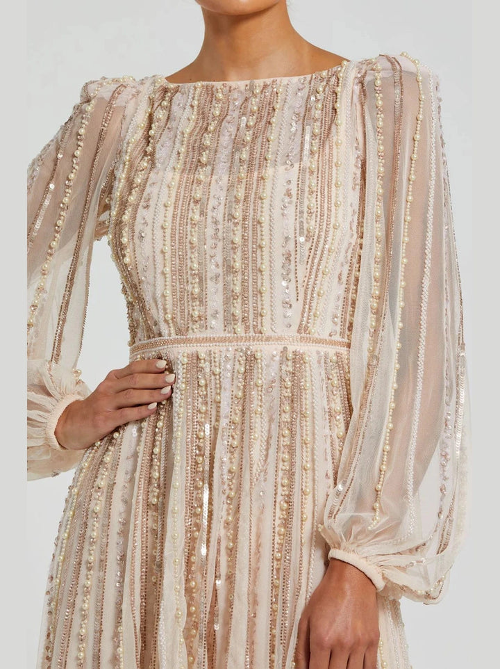 Boat Neck Long Sleeve Gown With Striped Beading