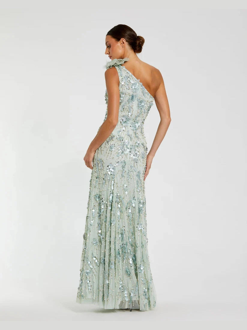 Beaded Mesh One Shoulder Trumpet Gown With Flower