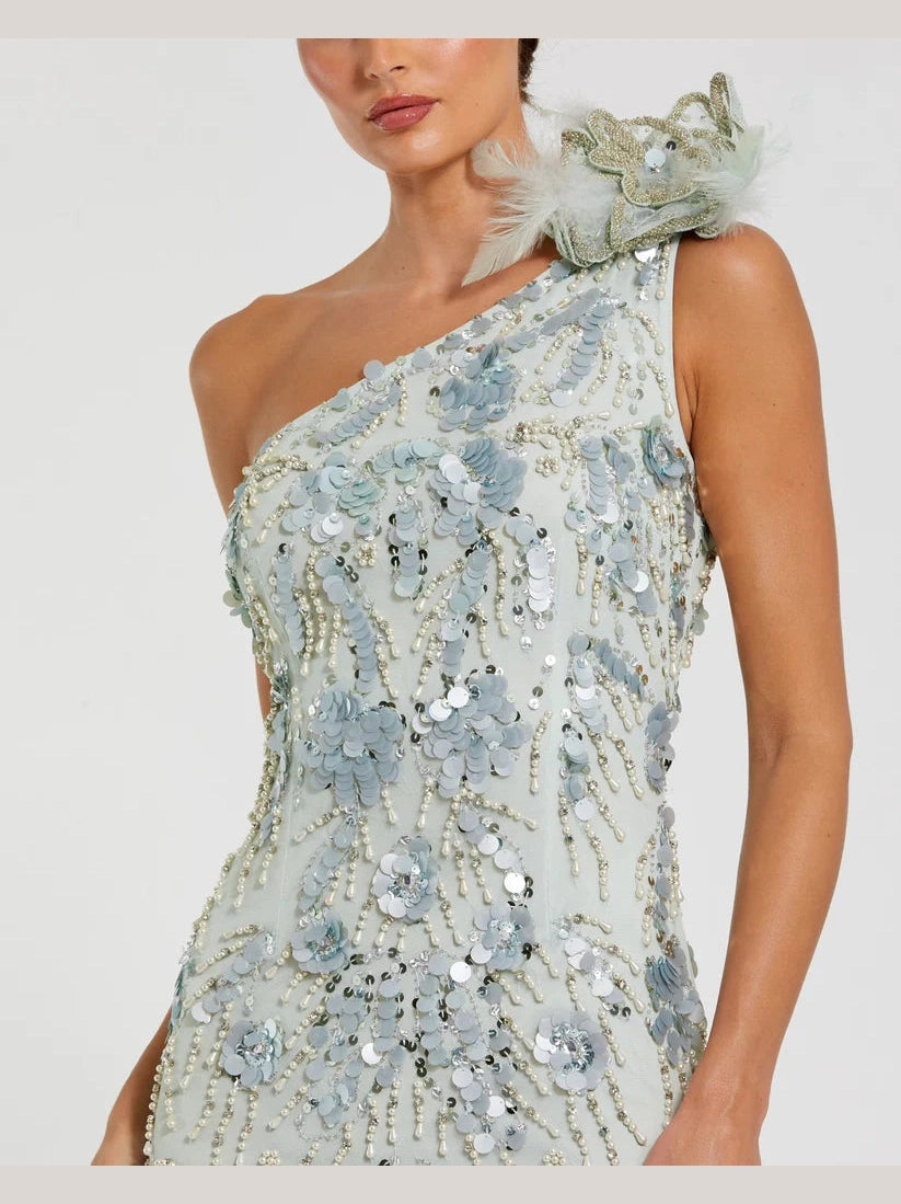 Beaded Mesh One Shoulder Trumpet Gown With Flower