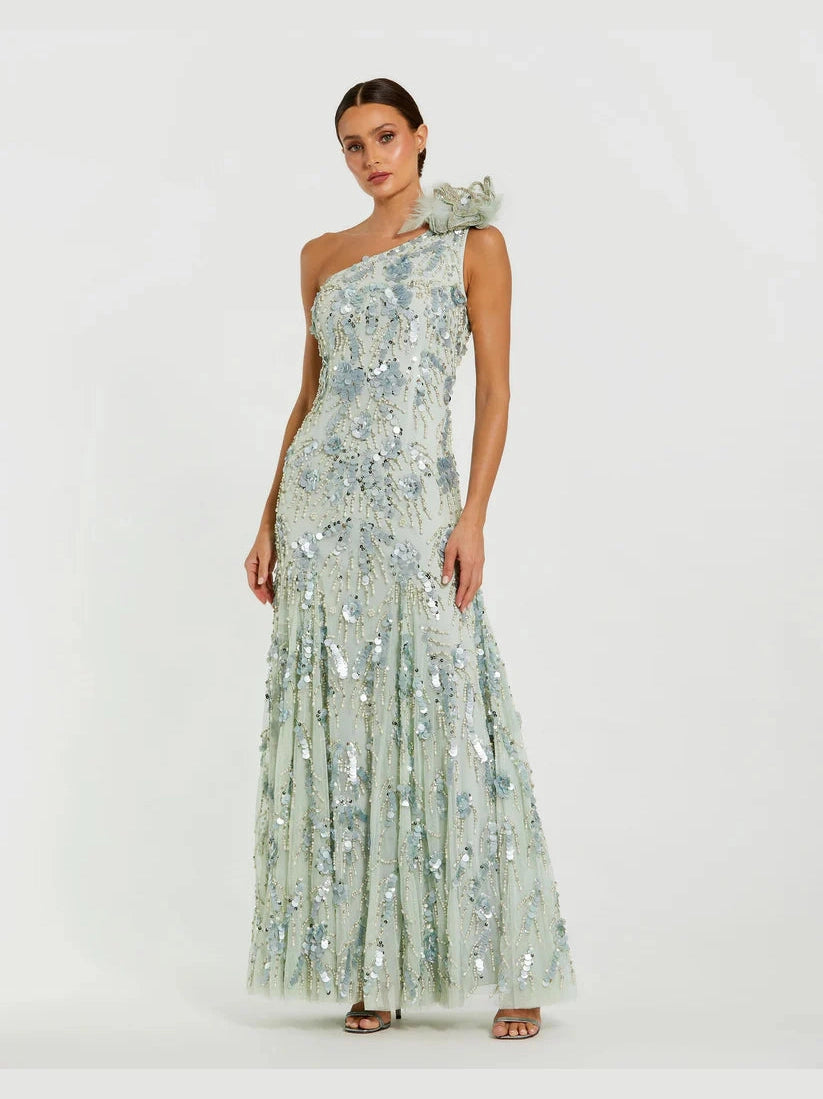 Beaded Mesh One Shoulder Trumpet Gown With Flower