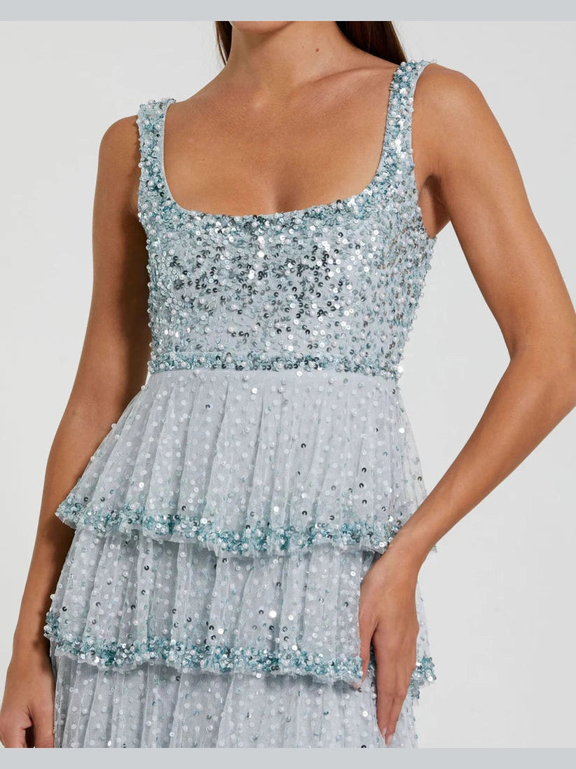 Embellished Net Tiered Ruffle Scoop Neck Dress