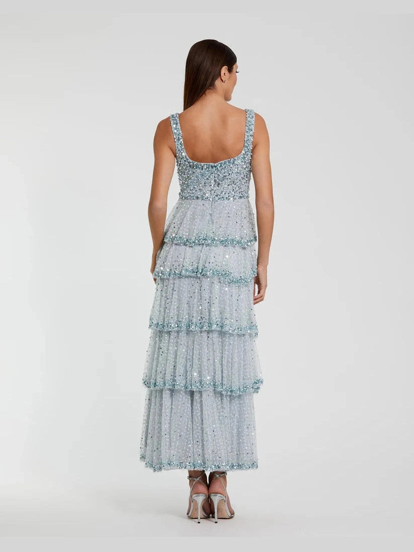 Embellished Net Tiered Ruffle Scoop Neck Dress