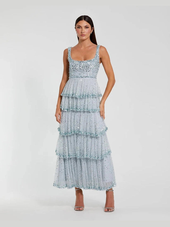 Embellished Net Tiered Ruffle Scoop Neck Dress
