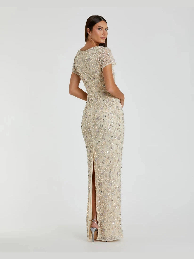 Floral Embellished Mesh Fitted Blouson Gown