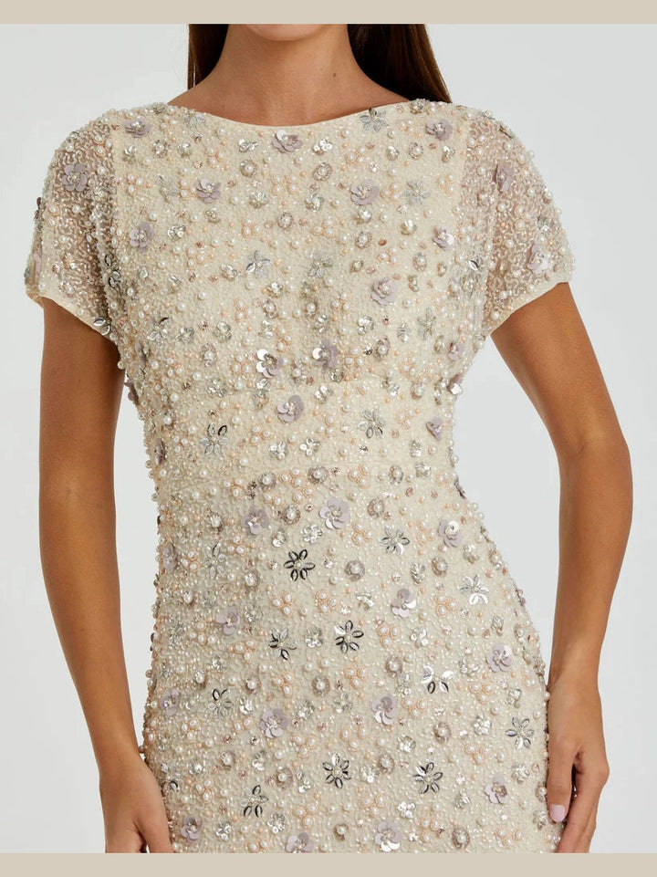 Floral Embellished Mesh Fitted Blouson Gown