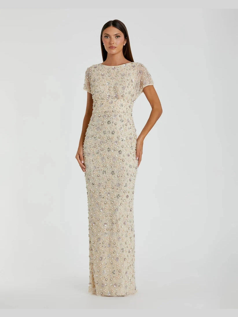 Floral Embellished Mesh Fitted Blouson Gown