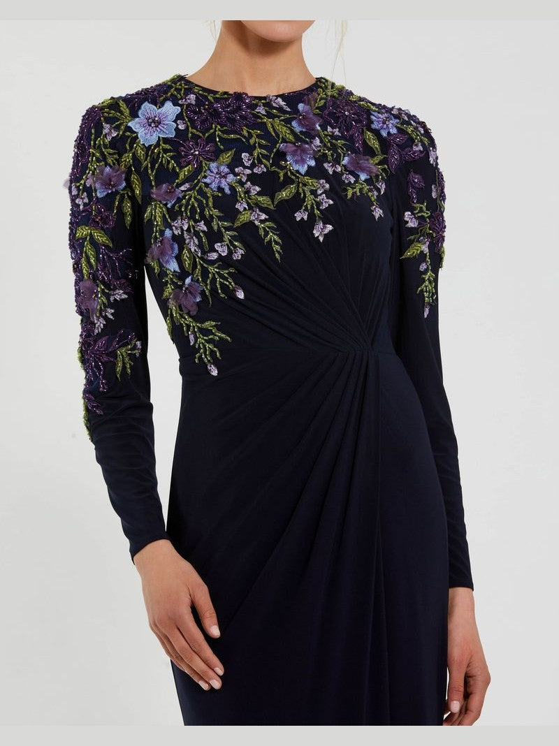 Embellished Long Sleeve Fitted Jersey Gown