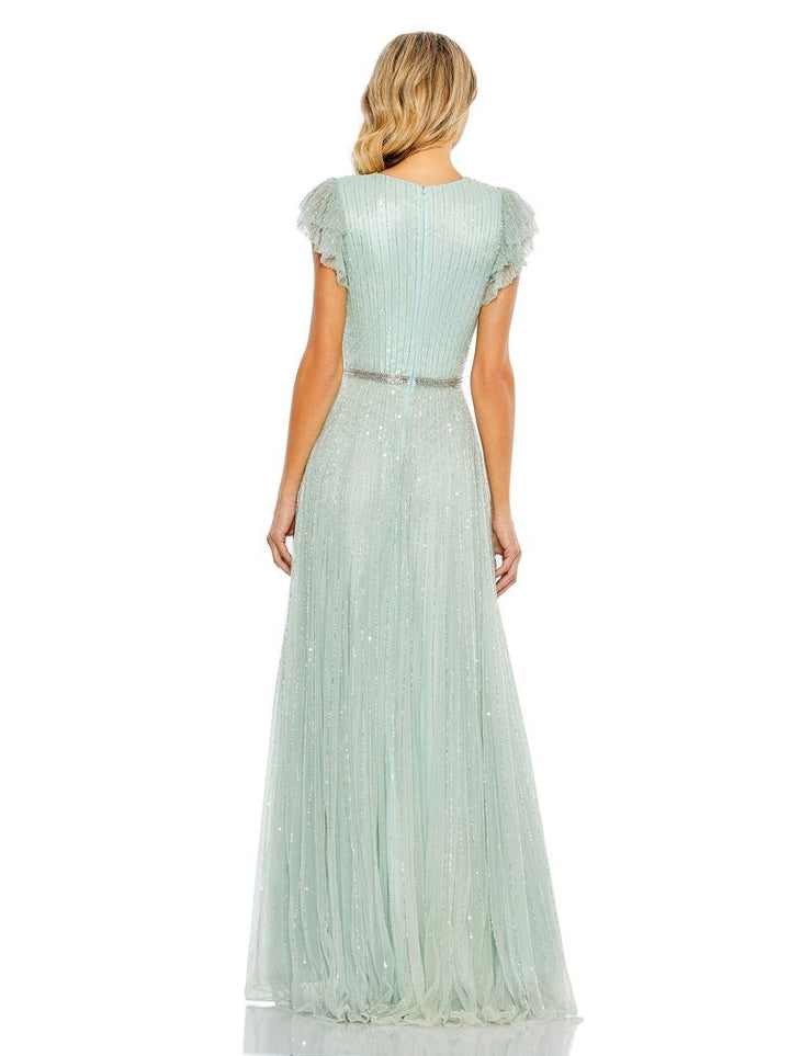 Sequined Wrap Over Ruffled Cap Sleeve Gown