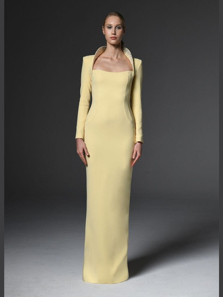 Embroidered Collar Crepe Dress