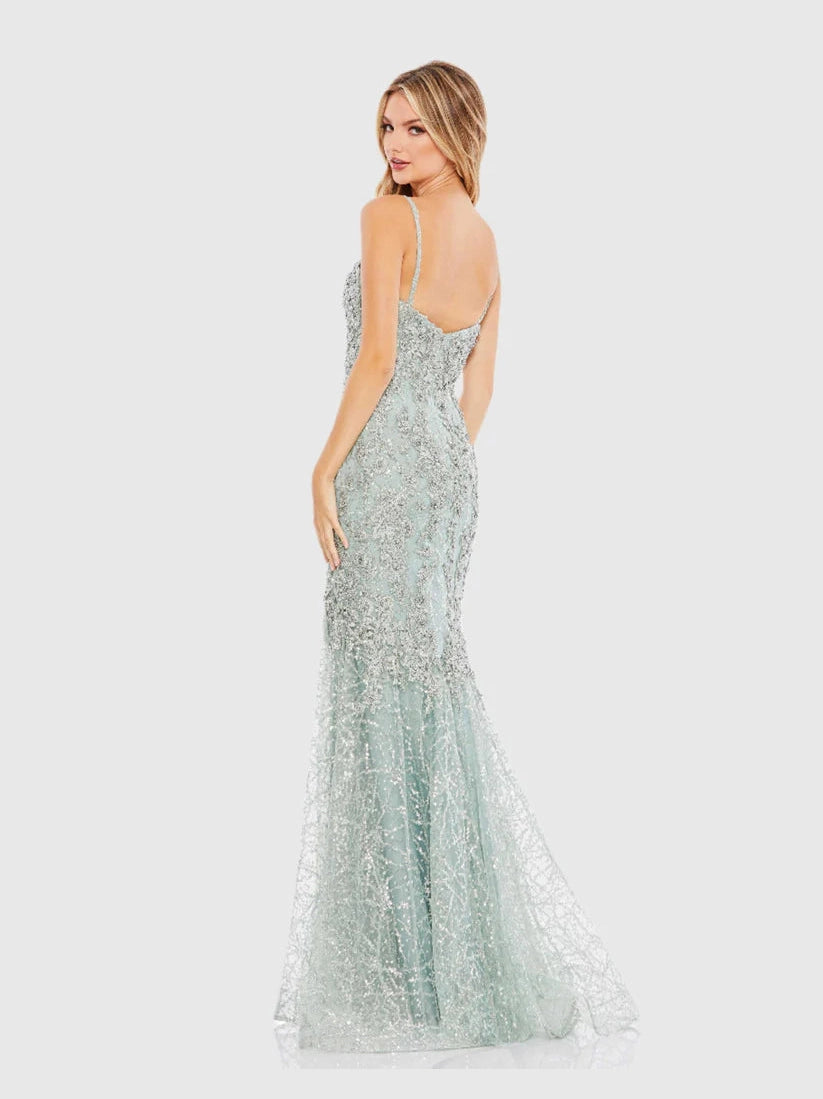 Embellished Sleeveless Plunge Neck Trumpet Gown