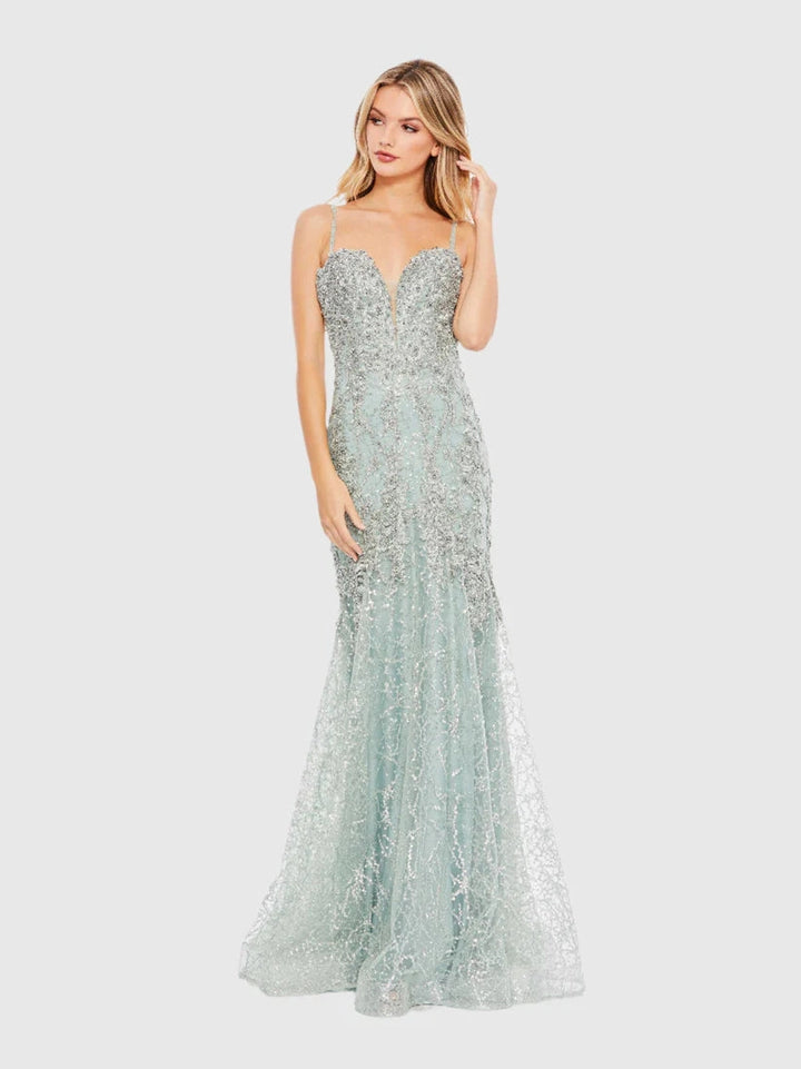 Embellished Sleeveless Plunge Neck Trumpet Gown