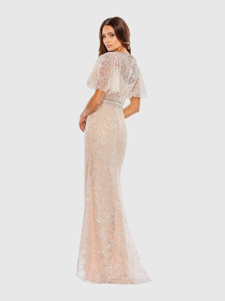 Embellished Neck Butterfly Sleeve Trumpet Gown
