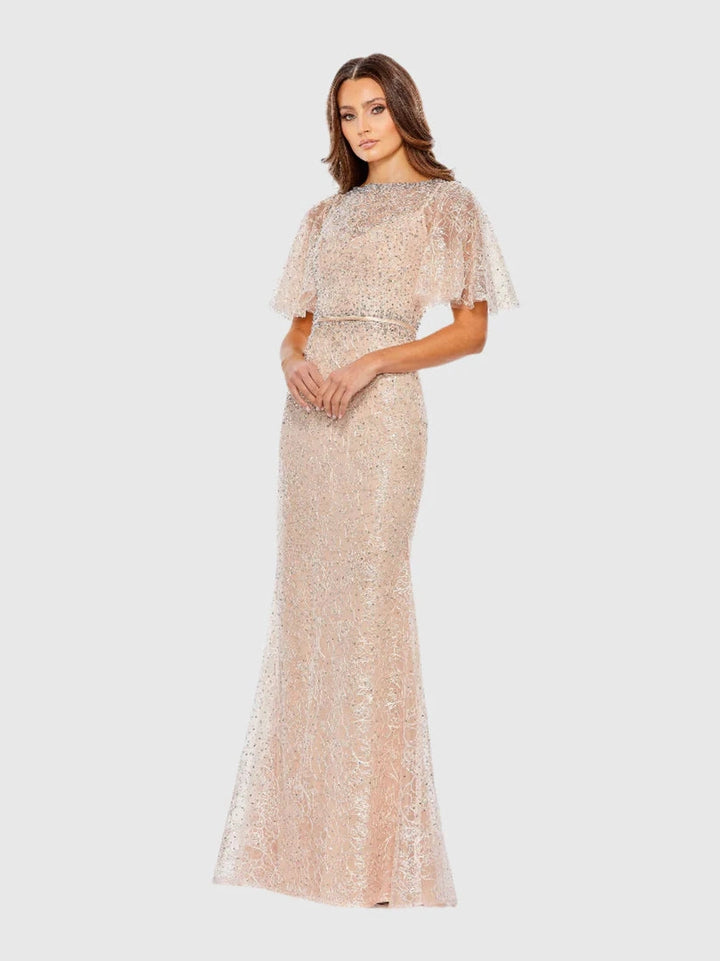 Embellished Neck Butterfly Sleeve Trumpet Gown