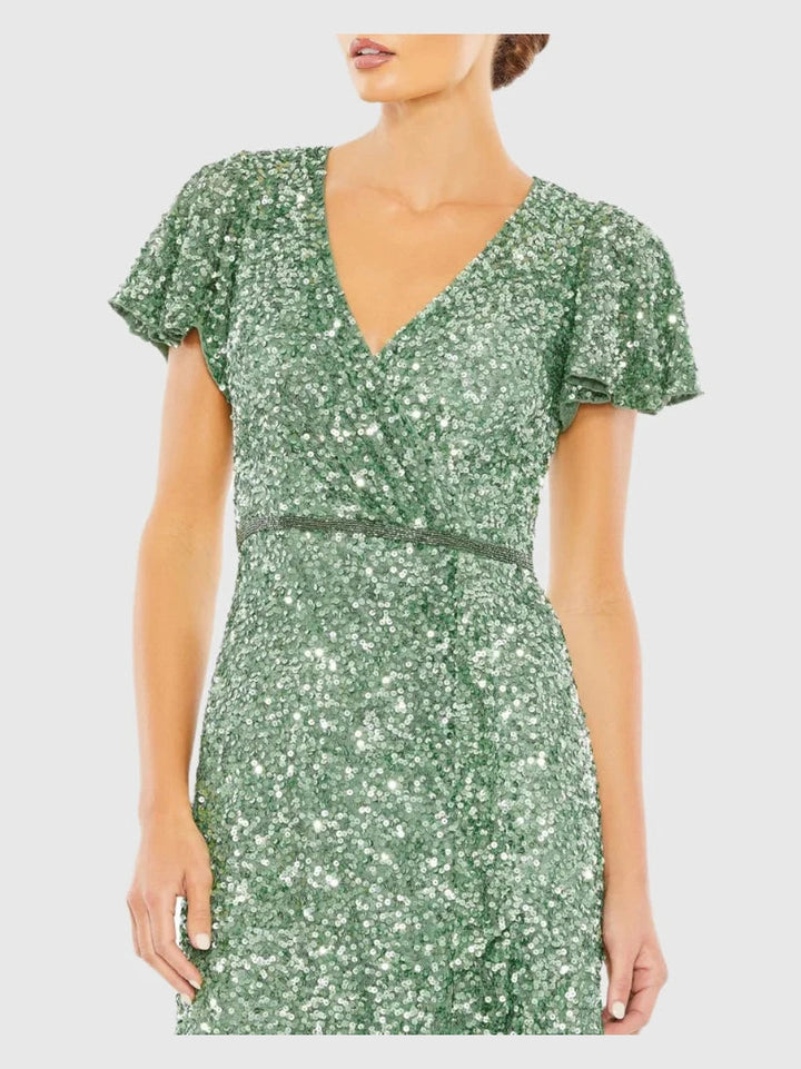 Sequined Wrap Over Butterfly Sleeve Draped Gown