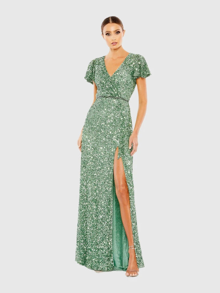 Sequined Wrap Over Butterfly Sleeve Draped Gown