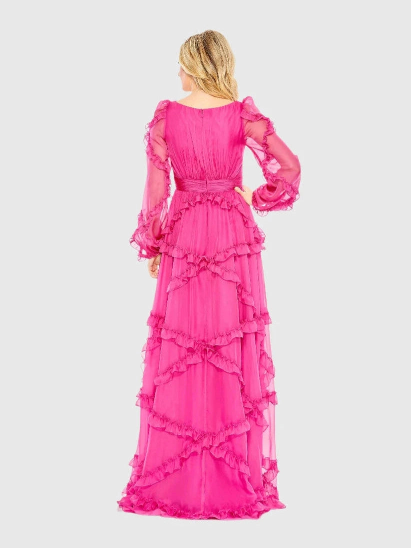 Cascade Ruffle Puff Sleeve A Line Gown