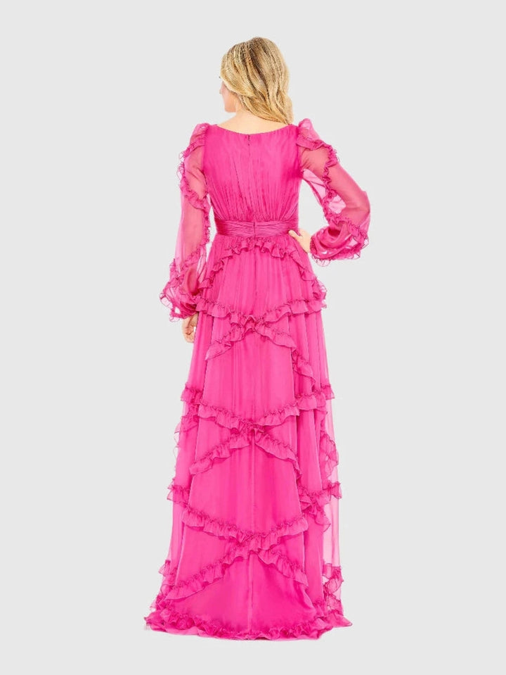 Cascade Ruffle Puff Sleeve A Line Gown