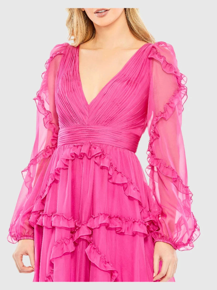 Cascade Ruffle Puff Sleeve A Line Gown