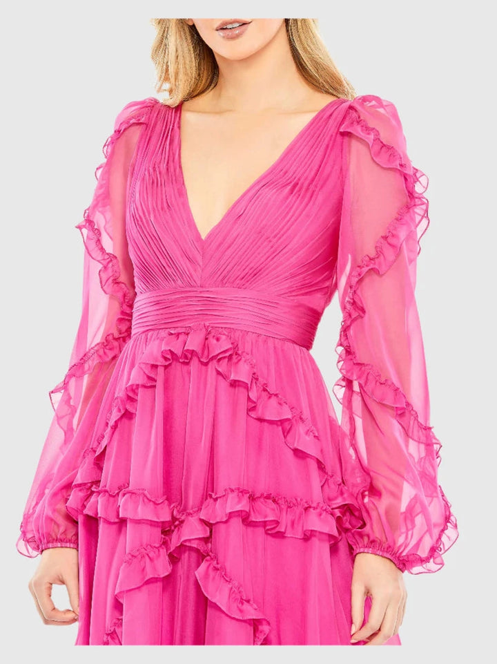 Cascade Ruffle Puff Sleeve A Line Gown