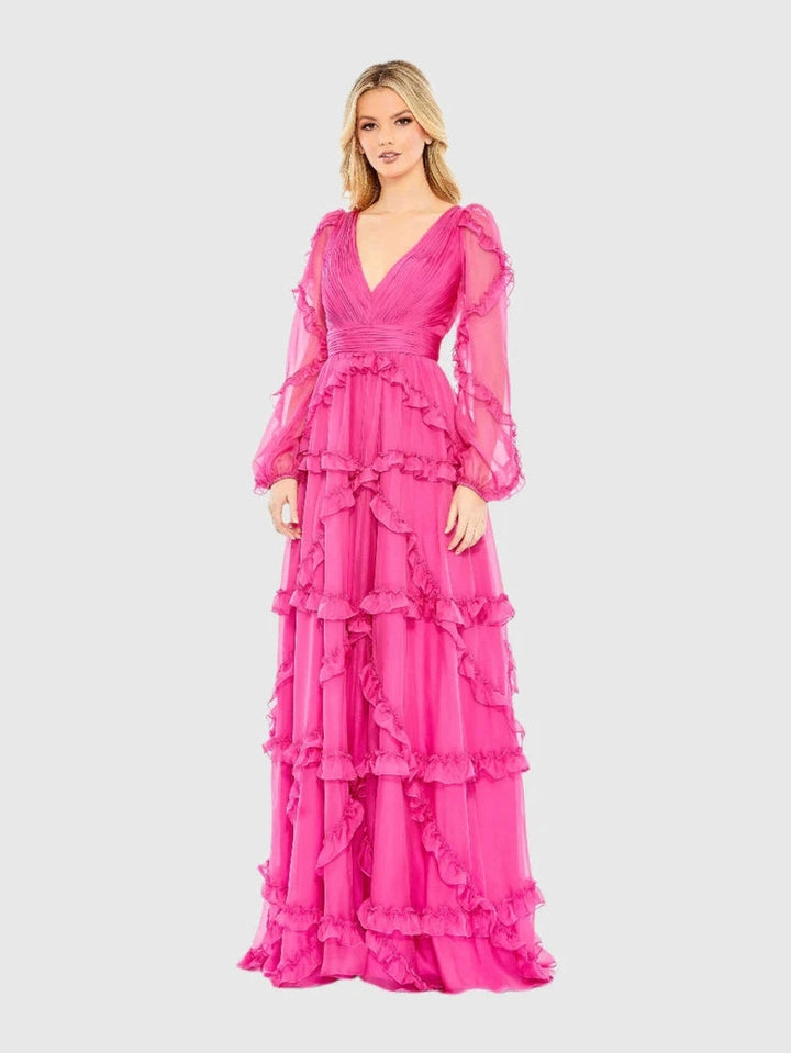 Cascade Ruffle Puff Sleeve A Line Gown