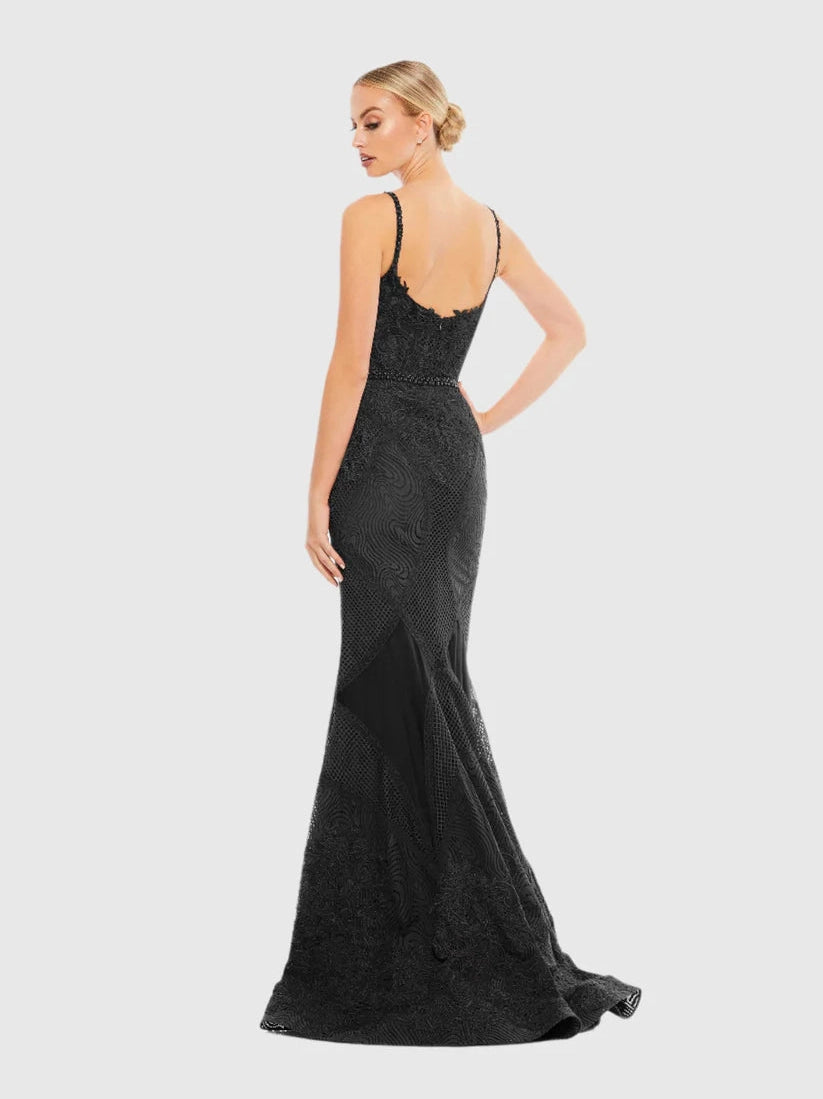 Embroidered Sleeveless Plunge Neck Trumpet Gown