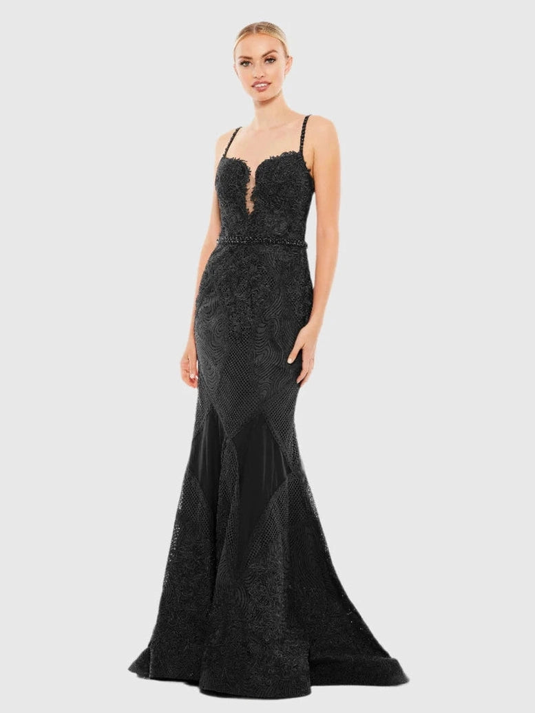 Embroidered Sleeveless Plunge Neck Trumpet Gown