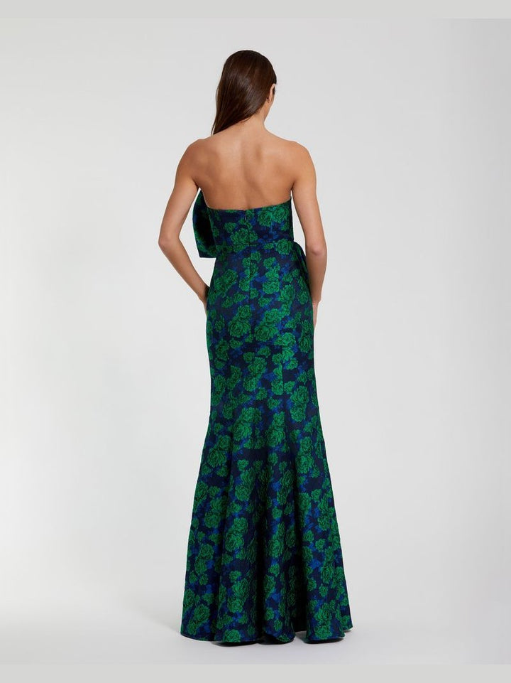 Strapless Brocade Fitted Gown With Oversized Bow