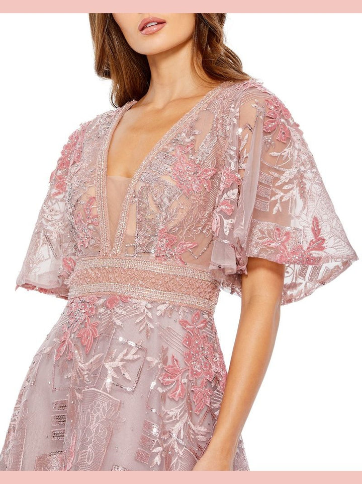 Embroidered Flounce Sleeve A Line Gown