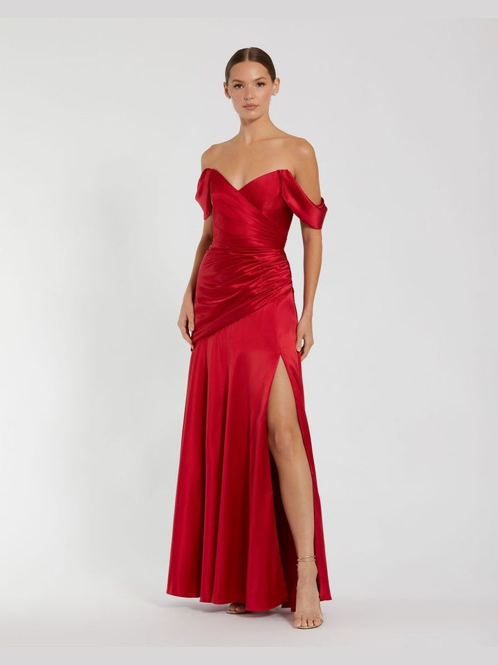 Hard Satin Off The Shoulder Crossover Gown
