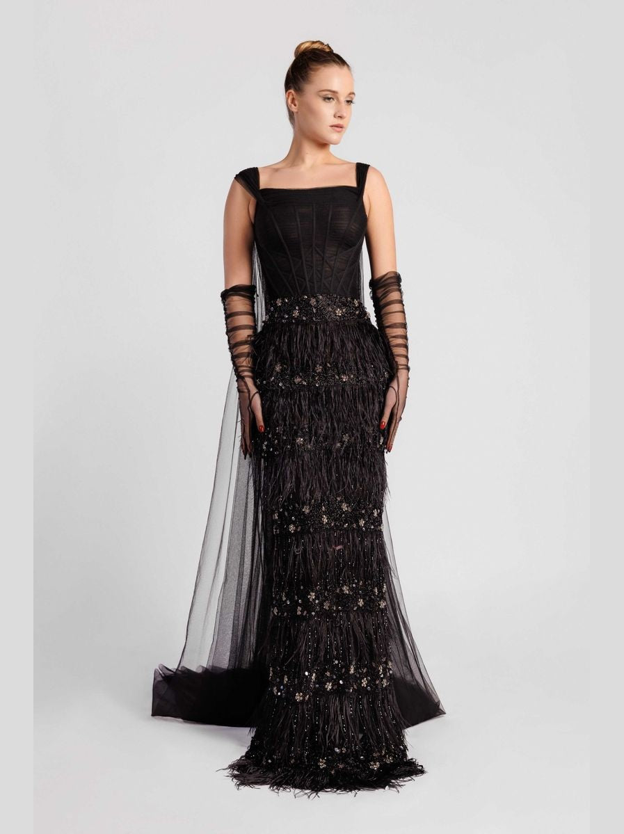 Sleeveless Evening Dress with Embroidered Corset Bodice