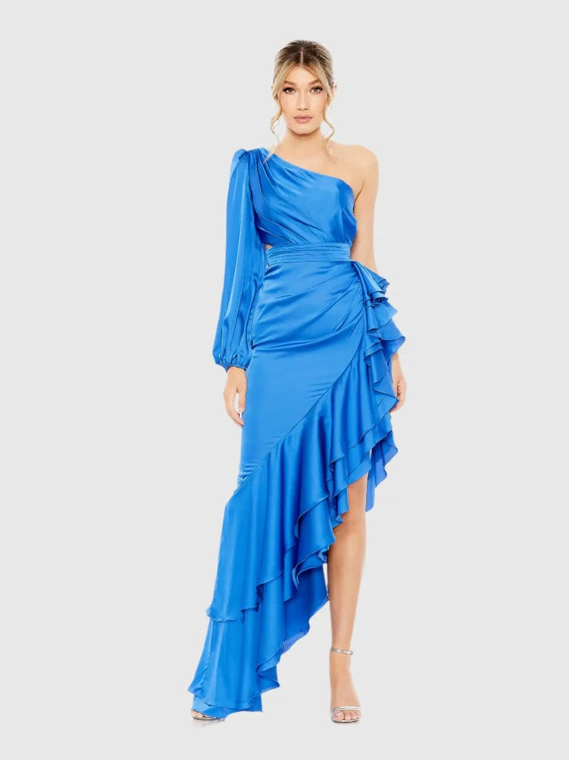 One Sleeve Cut Out Asymmetrical Ruffled Gown