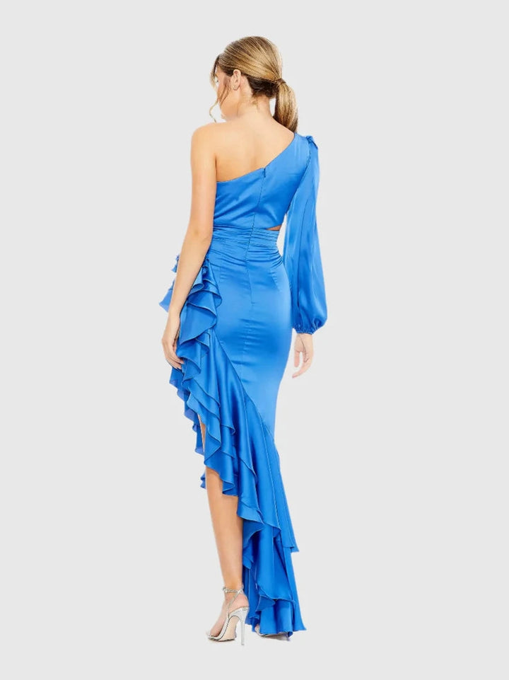 One Sleeve Cut Out Asymmetrical Ruffled Gown