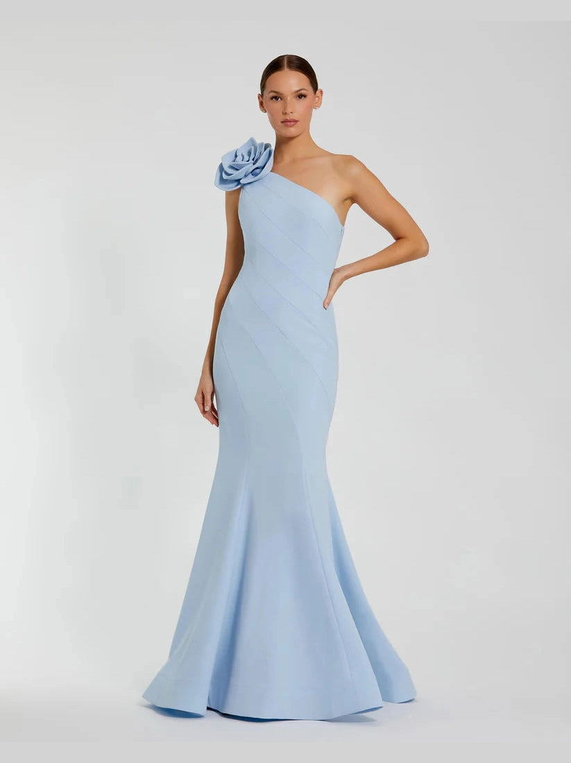 Crepe One Shoulder Mermaid Gown With 3D Flower