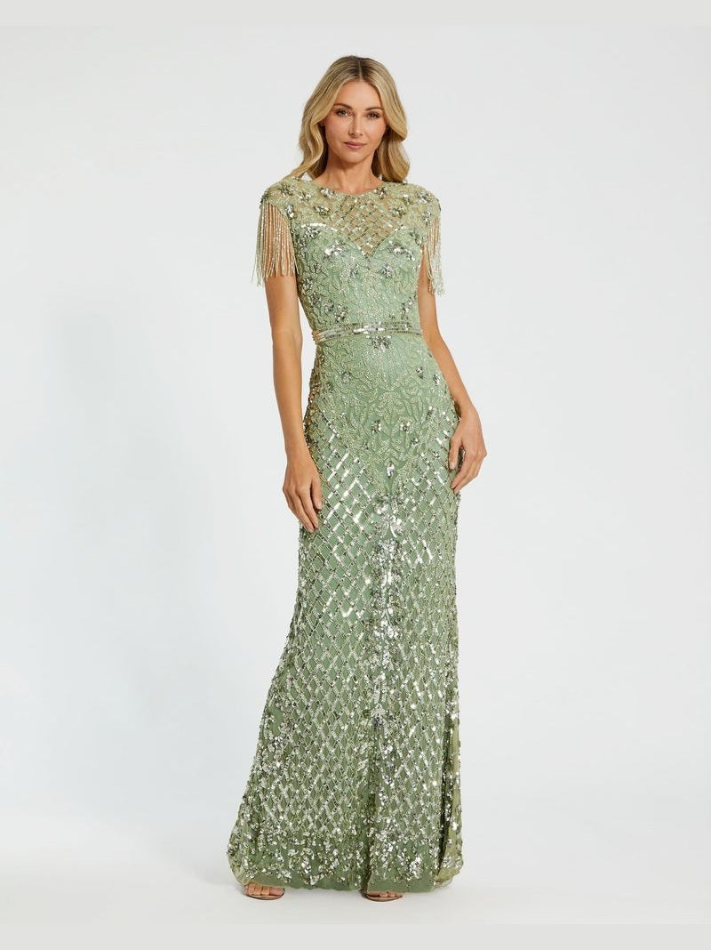 High Neck Sleeveless Beaded Fringe Fitted Gown