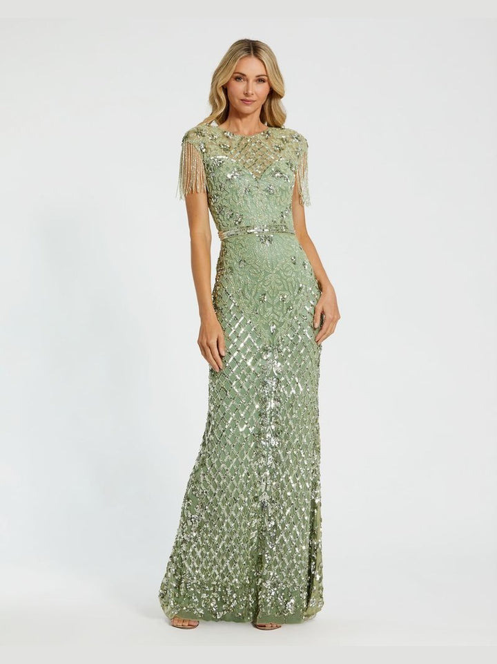 High Neck Sleeveless Beaded Fringe Fitted Gown