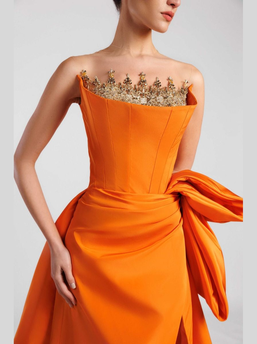 Embroidered Strapless Evening Dress with Pleated Waist and Overskirt Train