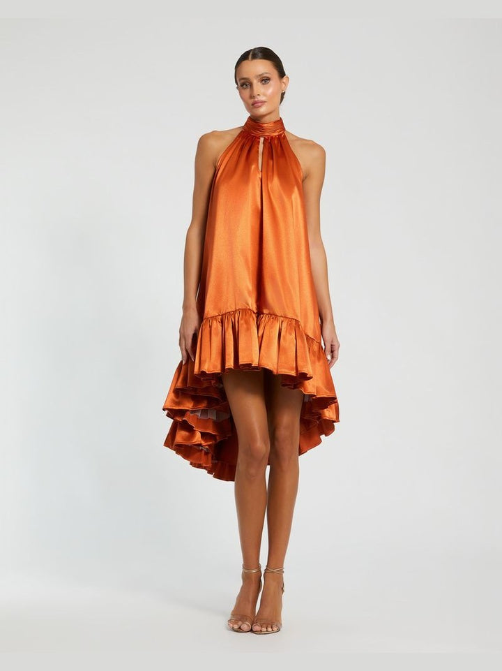 Orange High Neck Satin Mini Dress With Keyhole