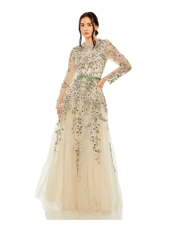 Long Sleeve Floral Embellished Gown