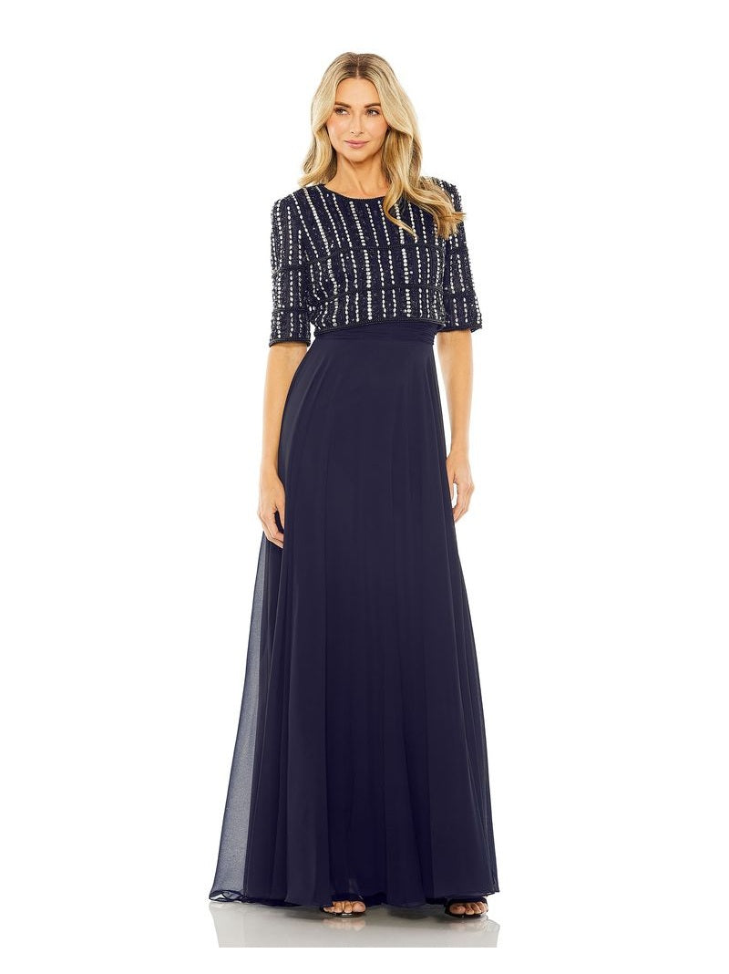 Chiffon Gown w/ Fully Beaded 3/4 Sleeve Top