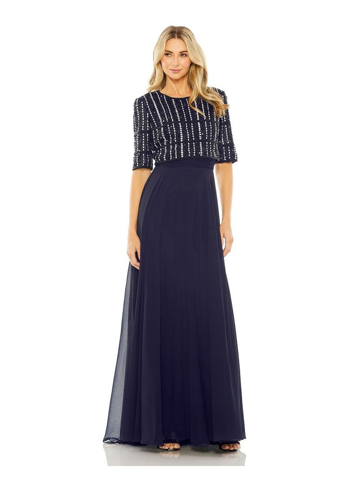 Chiffon Gown w/ Fully Beaded 3/4 Sleeve Top