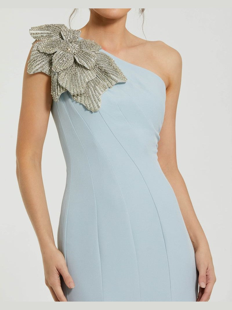 Crepe One Shoulder Gown With Crystal Flower