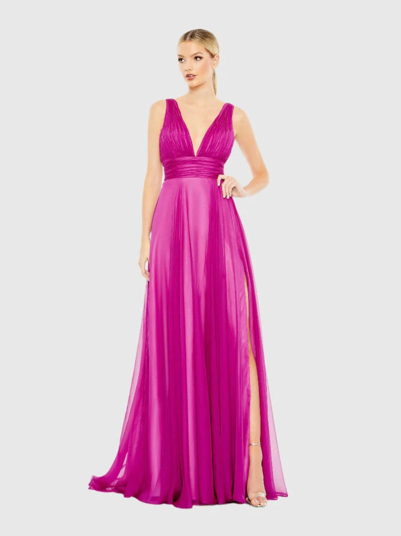 Draped Sleeveless V Neck Flowy Gown