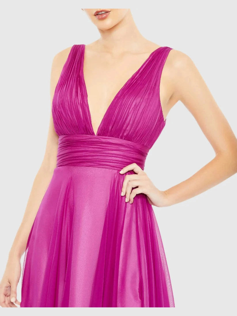 Draped Sleeveless V Neck Flowy Gown